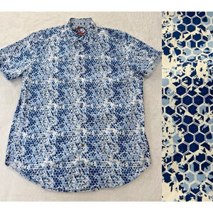 Robert Graham Size Large Blue White Geometric Honeycomb Print SS Button Down